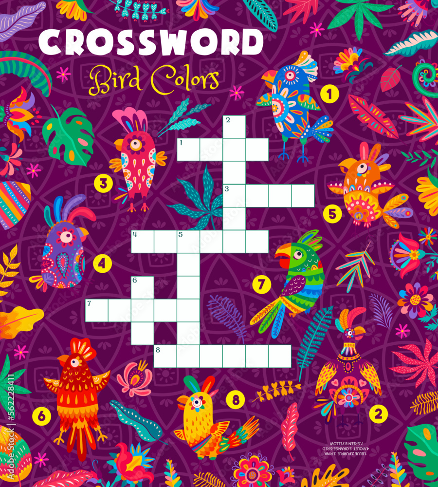 Crossword quiz game find a color of mexican and brazilian parrots. Vector cross word grid, worksheet with colorful tropical birds in traditional alebrije style. Kids educational or recreational task
