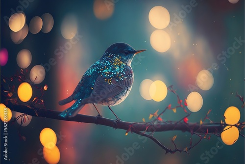  a bird sitting on a branch with a blurry background of lights in the background and a boke of lights in the foreground, with a boke of a blurry background. generative ai