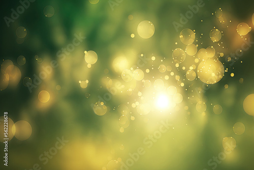 Natural outdoor bokeh background with sun rays in green and yellow tones. Generative AI