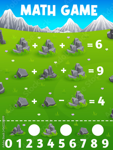 Math game worksheet. Stones and rocks on mountain meadow. Kids educational riddle, mathematical puzzle or quiz with addition and subtraction playing activity and cartoon stones on alpine meadow grass