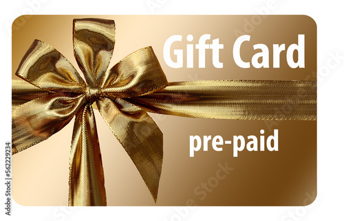 Here is a gold pre-paid gift card with a ribbon and bow isolated on a transparent background. It is a 3-d illustration.