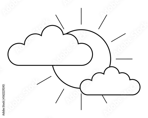 Simple icon in line art style with sun and clouds. Partly sunny weather forecast. Linear flat vector illustration isolated on white background
