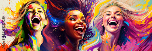extremely happy young women, colorful spectacle of emotions with laughing faces of attractive females. Generative AI