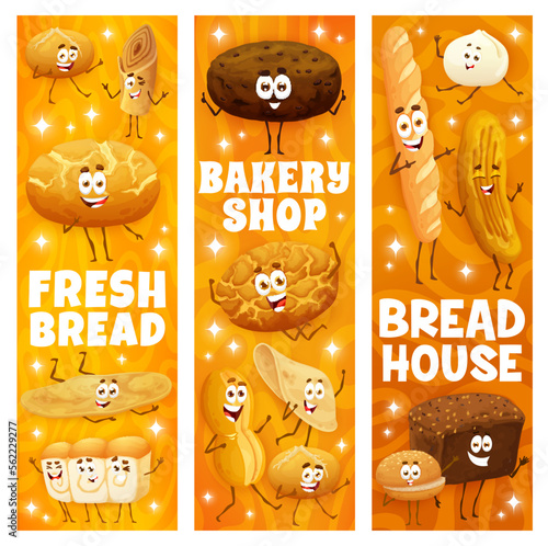 Bakery shop. Cartoon bakery, pastry and bread characters banners, vertical vector background with broa, barmbrack, tiger bread, cunape and burger bun, baguette, mantou, shokupan cute personages