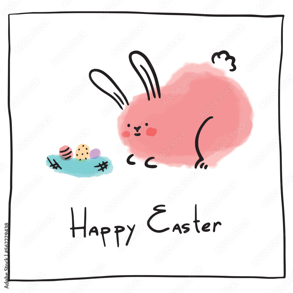 Obraz premium Handdrawn watercolor pink bunny with red cheeks joyfully looks at nest with chicken eggs. Handwritten text Happy Easter. Square greeting card for religious holiday. Brush stroke. Gift for children