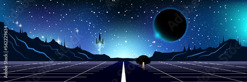Fantastic world, deep space alien planet vector concept illustration. Web banner, header design template. Starry night background with mountains and spaceship start