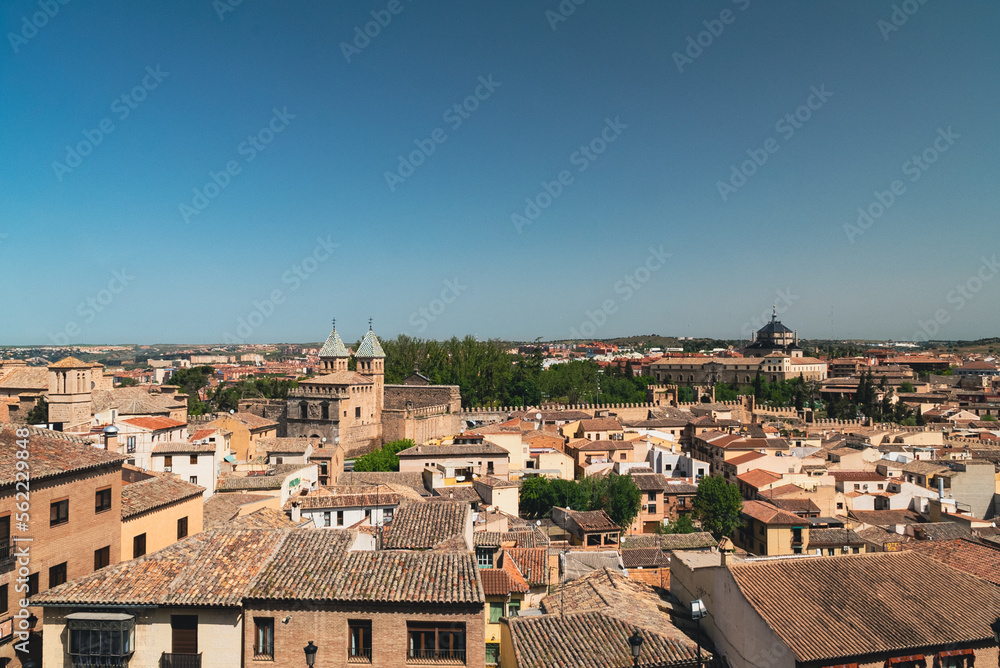 Segovia, España. April 29, 2022: City architecture landscape with blue sky.