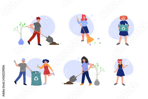 Boys and girls volunteers gathering waste for recycling and planting trees set. Nature and ecology protection cartoon vector illustration