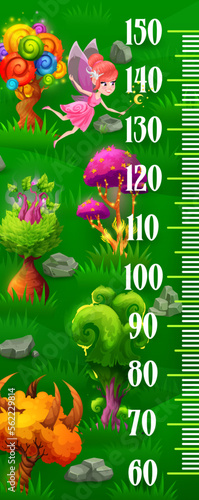 Kids height chart ruler, fairy characters in magic forest. Vector growth meter, wall sticker for children height measurement with cartoon funny pixie with wand in fantasy wonderland, altitude scale