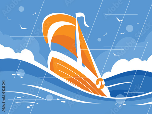 Sailboat in the sea or ocean caught in a storm. Seascape with red sailboat and stormy sky. Vector graphics