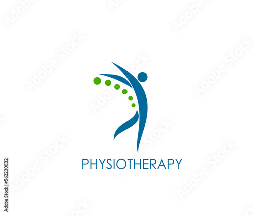 Physiotherapy icon. Spine, back pain, body health, chiropractic massage and therapy vector symbol with abstract figure of human body. Health care and medicine sign of physical therapy