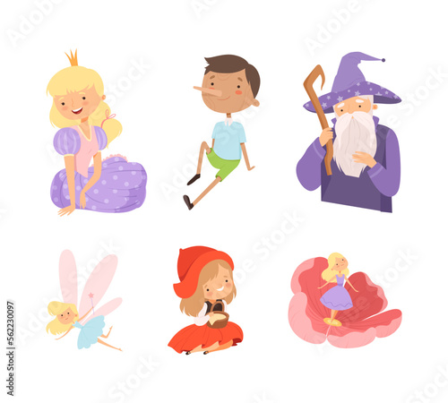 Famous fairy tale characters set. Pinocchio, magician, princess, fairy, Little Red Riding Hood, Thumbelina cartoon vector illustration