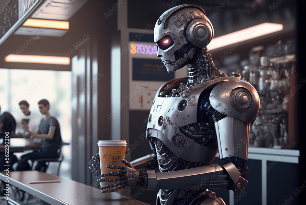 bad mood humanoid android robot with artificial intelligence works in a cafe or restaurant as a waitress or service. Generative AI - obrazy, fototapety, plakaty 