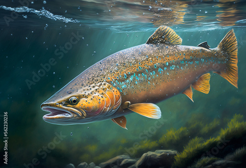 Neon Subaqueous Scene: A Realistic Illustration of Trout in Nature's Waterways