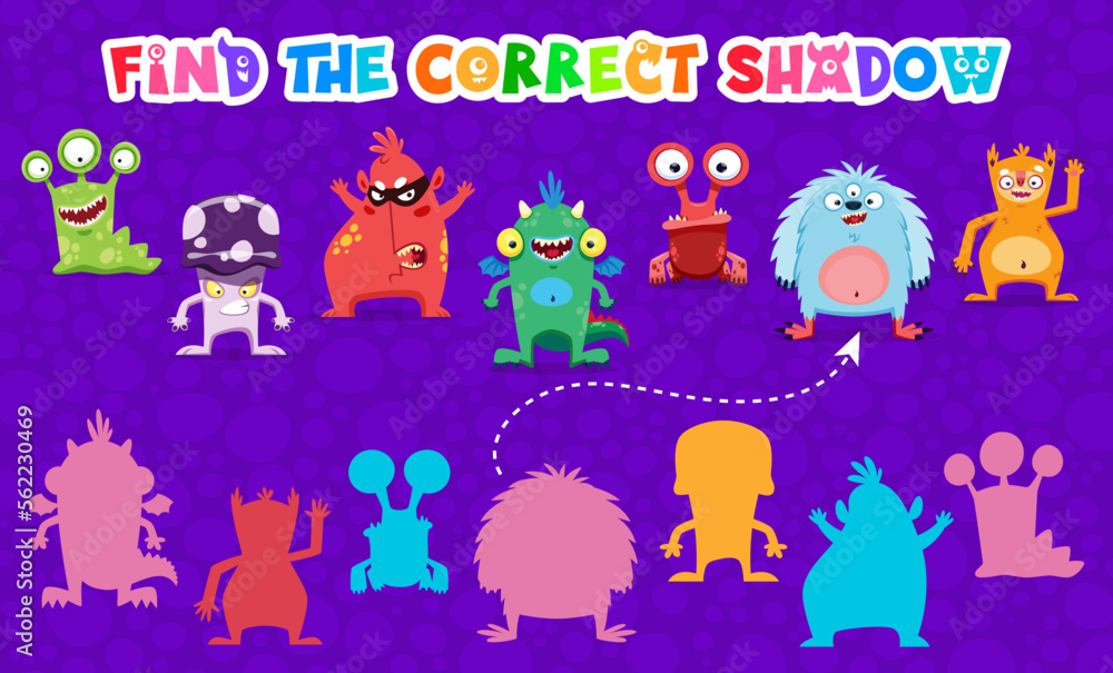 Find the correct shadow of cartoon monster characters. Kids matching ...
