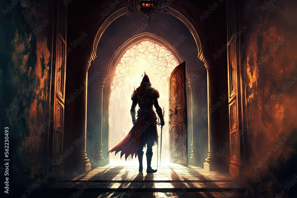 This art depicts a man wielding a spear & standing in the doorway of a dark hallway that leads towards the castle. The image conveys a sense of adventure and mystery.