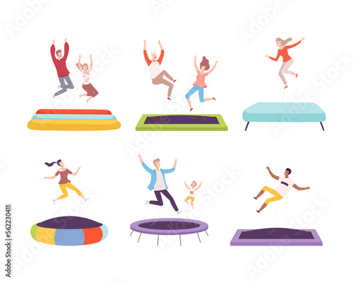 Happy adult people and children jumping on trampolines set flat vector illustration