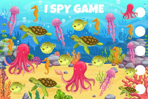 I spy game cartoon underwater landscape and animals. Kids vector worksheet riddle, educational math puzzle for preschool children with octopus, sea horse, jellyfish, turtle and puffer fish in ocean
