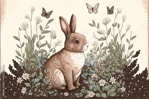  a rabbit sitting in a field of flowers and butterflies with a butterfly flying above it, and a butterfly flying above it, in the background of a field of grass and flowers. Generative AI