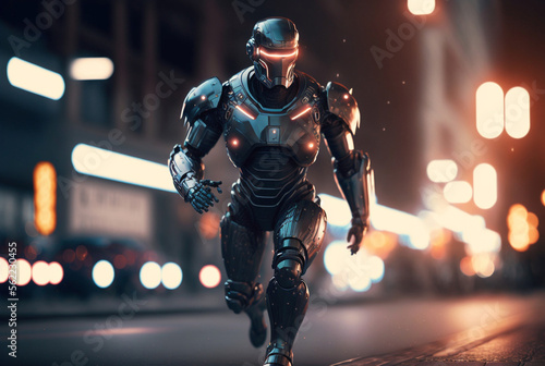 humanoid android robot with artificial intelligence, the robot with AI runs through a street in a big city, Generative AI © wetzkaz