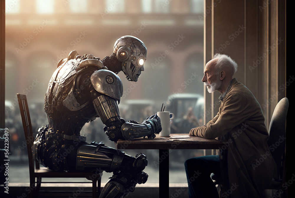 an old man meets a big powerful energetic humanoid robot with ...