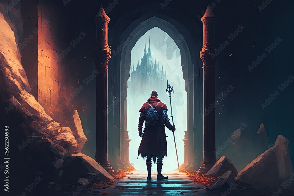 This art depicts a man wielding a spear & standing in the doorway of a dark hallway that leads towards the castle. The image conveys a sense of adventure and mystery.