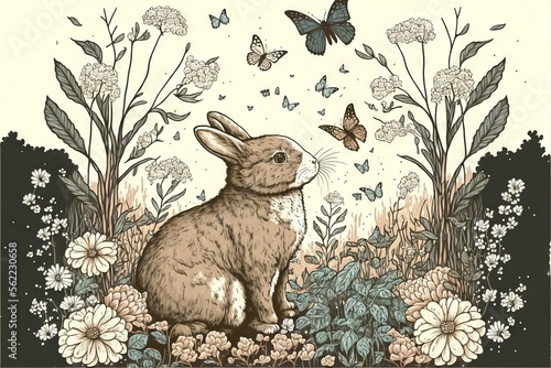 a rabbit sitting in a field of flowers and butterflies with a butterfly flying above it and a butterfly flying above it, with a butterfly in the background of the grass and flowers. Generative AI