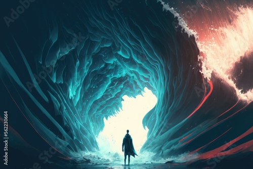 This digital art depicts a futuristic man a midst of a massive wave that is rushing around him. A blend of digital art and illustration, with a futuristic feel.