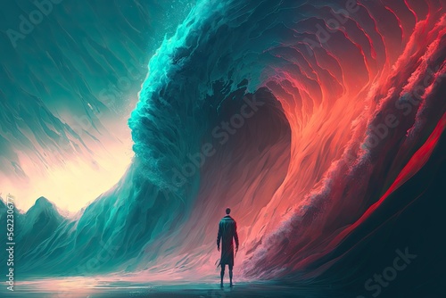 This digital art depicts a futuristic man standing tall and confident in the midst of a massive wave that is rushing around him. A blend of digital art and illustration, with a futuristic feel. © Michael