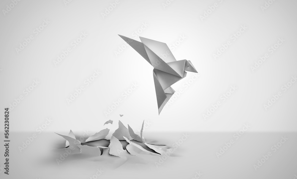 Out Of Nowhere concept of birth or rebirth as an origami bird emerging from a flat paper as a symbol of creativity and metamorphosis as a business success and an icon of change - obrazy, fototapety, plakaty 
