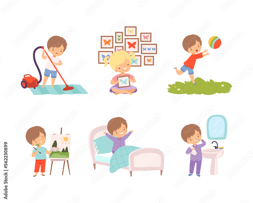 Daily routine of little boys and girl. Cute kids cleaning home with vacuum cleaner, playing ball outdoors, painting on canvas cartoon vector illustration Daily routine of little boys and girl. Cute kids cleaning home with vacuum cleaner, playing ball outdoors, painting on canvas cartoon vector illustration