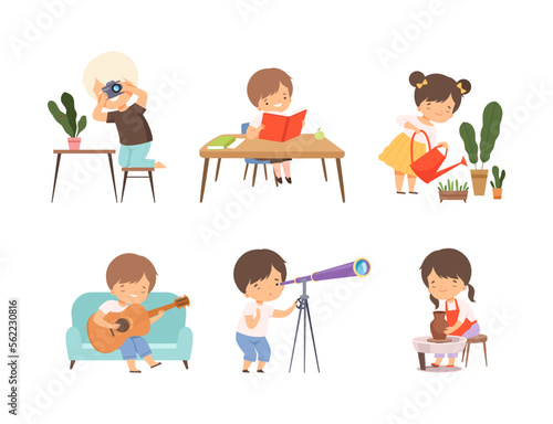 Daily routine of little boys and girl. Cute kids photographing, playing guitar, making clay pot, watering plants cartoon vector illustration