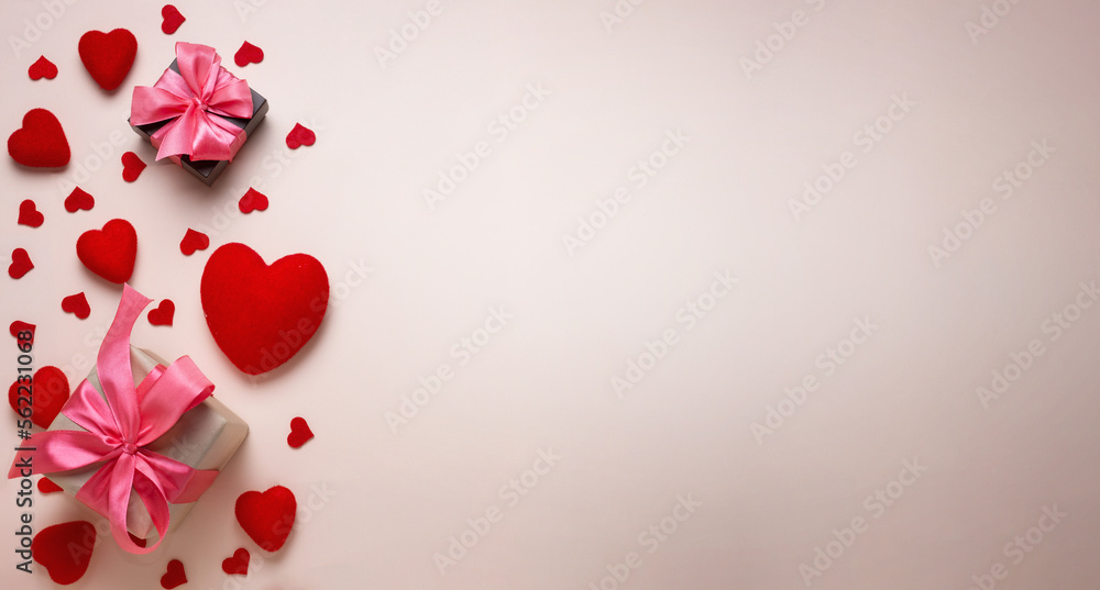 Valentine's day background. Pastel banner with red hearts and gift with ribbon. Place for text. Valentine's day background. Pastel banner with red hearts and gift with ribbon. Place for text.