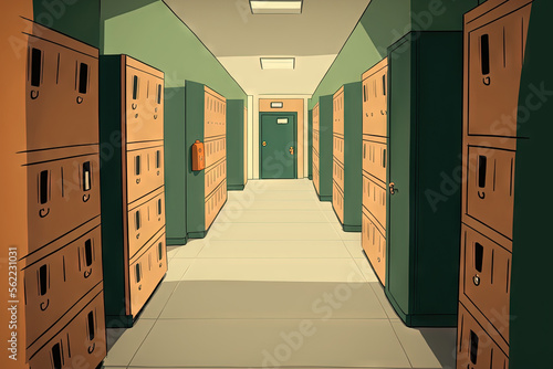 A diminishing perspective of a neutral coloured school hallway with lockers on one wall. Generative AI