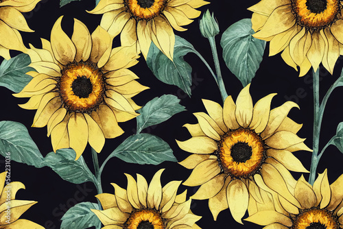 Seamless pattern of watercolor sunflowers, ideal for summertime decor. Floral pattern in natural yellow on a black backdrop. Generative AI