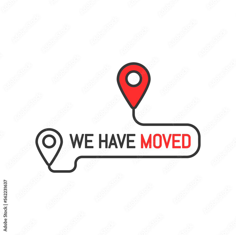 We have moved thin line sign or icon. Move announcement, local shop address change vector minimal symbol, business relocate message or outline icon with red and black map navigation pinpoint sign We have moved thin line sign or icon. Move announcement, local shop address change vector minimal symbol, business relocate message or outline icon with red and black map navigation pinpoint sign