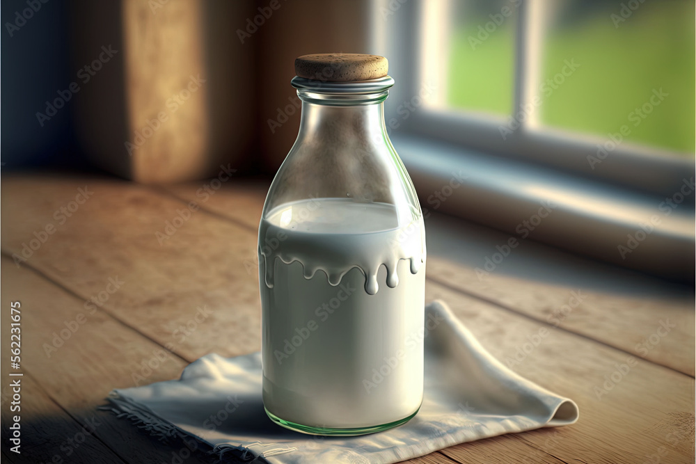 a bottle of milk sitting on a table next to a window with a cloth on it and a window sill in the background with a green field in the background and a wooden floor. Generative AI a bottle of milk sitting on a table next to a window with a cloth on it and a window sill in the background with a green field in the background and a wooden floor. Generative AI