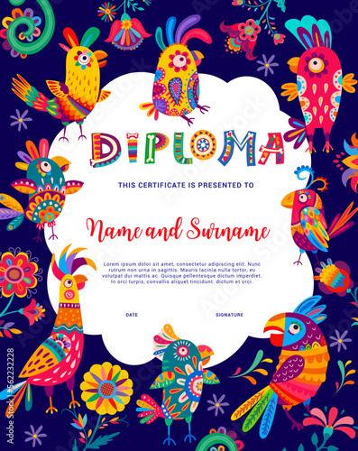 Kids diploma, Mexican and Brazilian parrot birds, vector certificate and education award. School classes or kindergarten workshop diploma appreciation frame with tropical parrots and colorful flowers