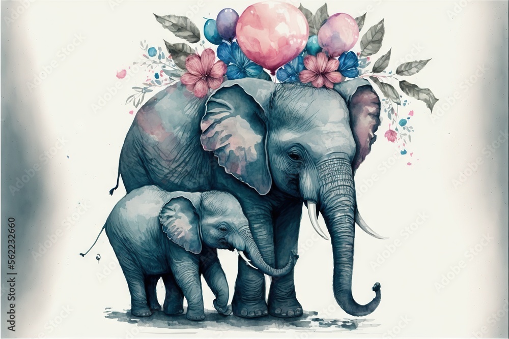 a mother elephant and her baby elephant with balloons on their head and