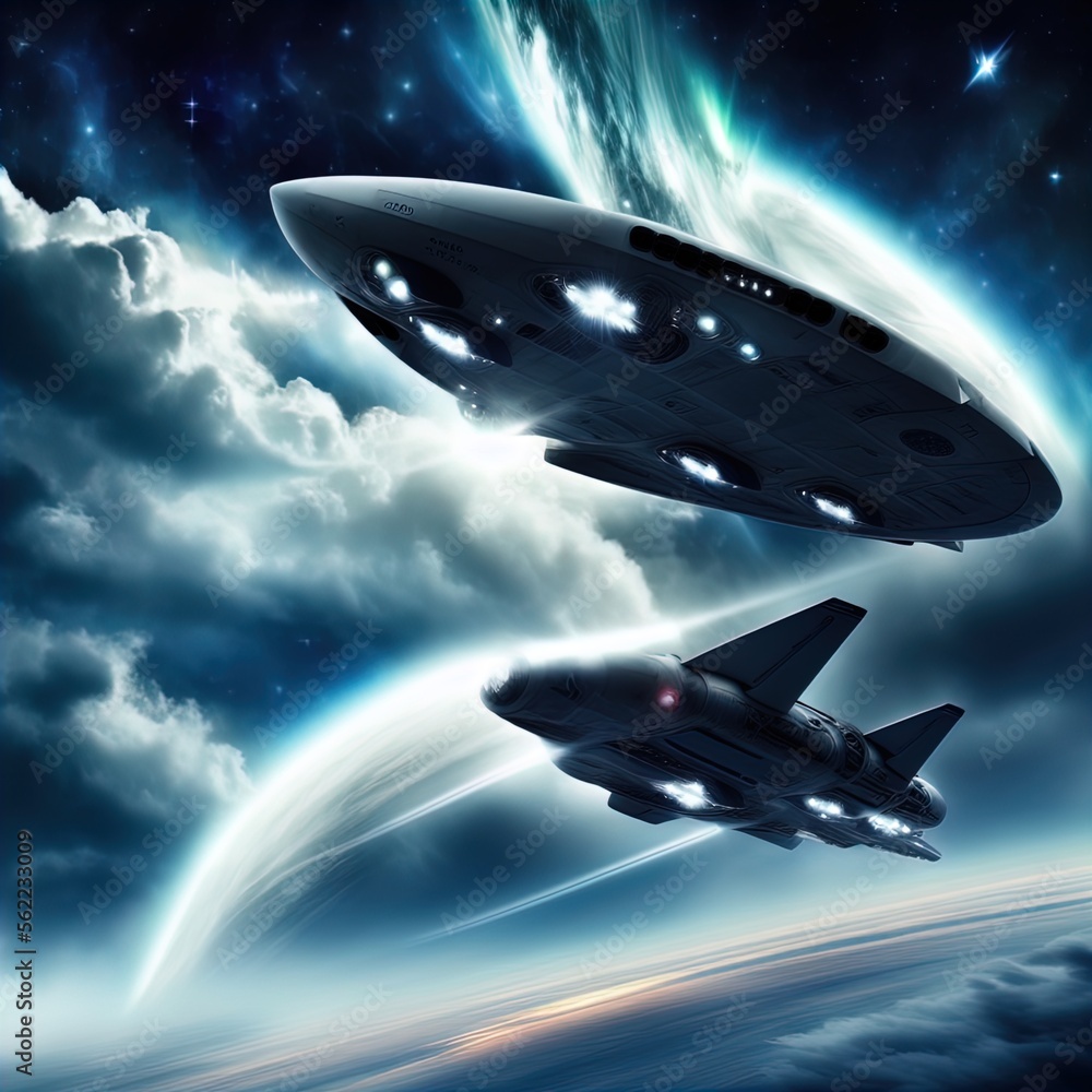 Future airplane/spaceship flies among the clouds. Future airplane/spaceship flies among the clouds.