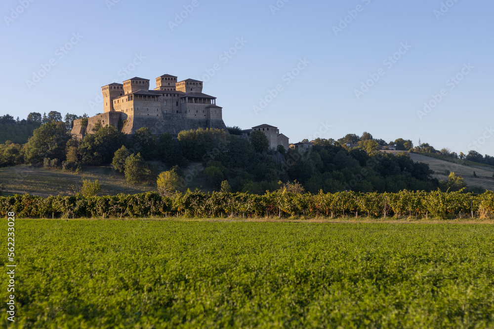 Sunset view of Torrechiara castle, Parma province, Italy