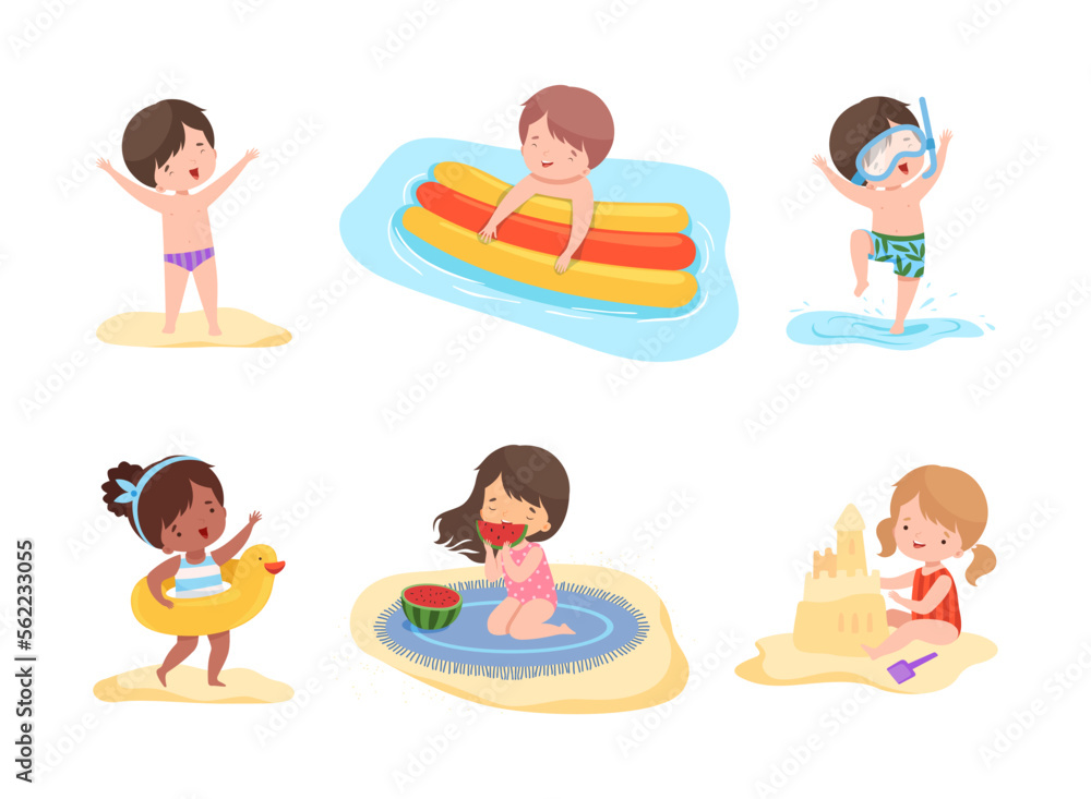Cute kids playing at beach. Happy little boys anf girls playing at seaside, building sandcastle, diving and sunbathing cartoon vector illustration Cute kids playing at beach. Happy little boys anf girls playing at seaside, building sandcastle, diving and sunbathing cartoon vector illustration