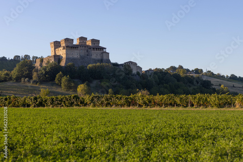Sunset view of Torrechiara castle, Parma province, Italy