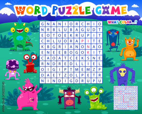 Word search puzzle game, cartoon monster characters. Vector worksheet, kids quiz grid, crossword brainteaser for children with funny aliens mutants and latin letters at square field, educational task