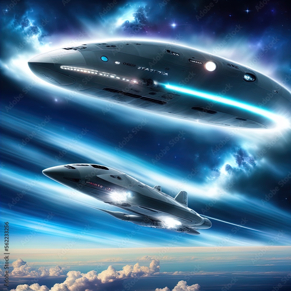Future airplane/spaceship flies among the clouds. Future airplane/spaceship flies among the clouds.