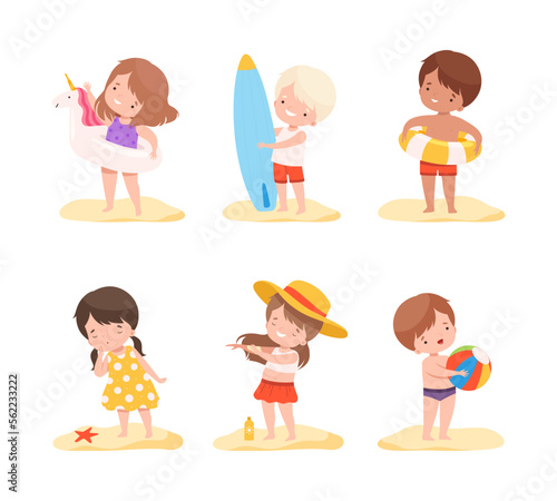 Cute kids playing at beach. Happy little boys anf girls playing at seaside, riding surfboard, swimming and sunbathing cartoon vector illustratio