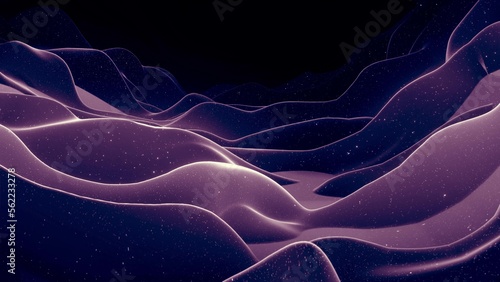 3d render. Abstract waves of soft black matte material with light inner glow and glitters on surface. Abstract geometric surface like landscape or terrain, extrude or displace 3d noise.