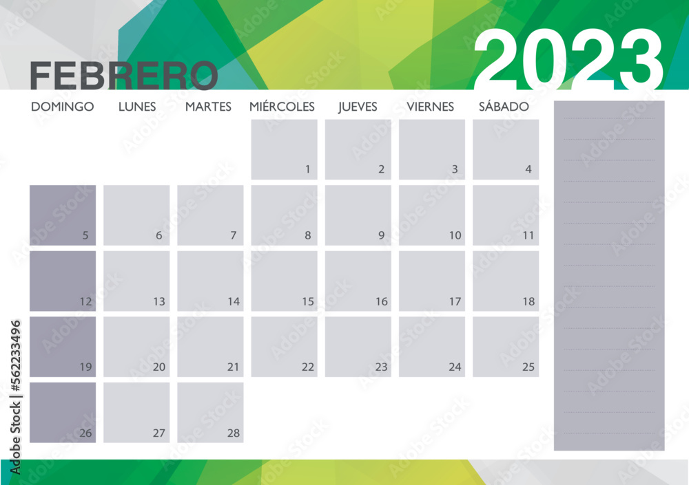 Calendario 2023 Español - Mes de Febrero Stock Vector | Adobe Stock