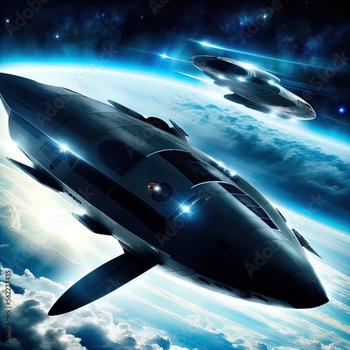 Fototapeta Naklejka Na Ścianę i Meble -  Future airplane/spaceship flies among the clouds. 