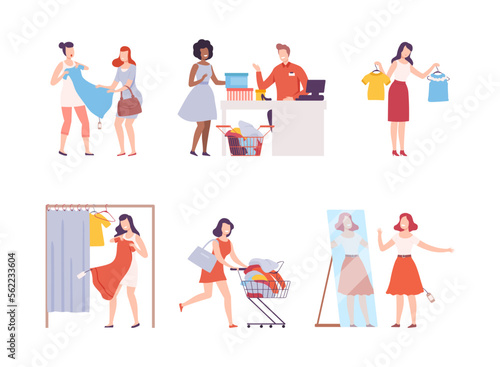 Women trying on and buying clothes at store set. Girls taking part in seasonal sale. Black Friday sale event flat vector illustration